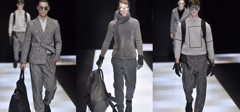 Traje sastre gris perla con mochila negra para Armani