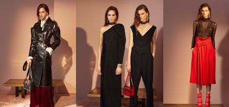 Abrigo largo de charol negro cruzado con falda de terciopelo marsala de Lanvin