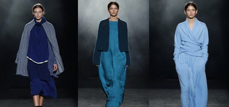 Vestido holgado y capa con estampado geométrico de Yerse en la 080 Barcelona otoño/invierno 2016/2017