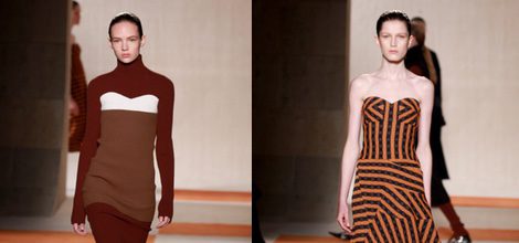 Vestido marrón y blanco de Victoria Beckham en la FW de Nueva York otoño/invierno 2016/2017