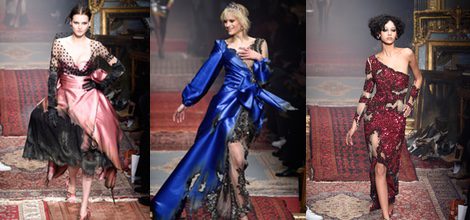 Vestido midi vaporoso rosa y negro de Moschino en la FW de Milán para otoño/invierno 2016/2017
