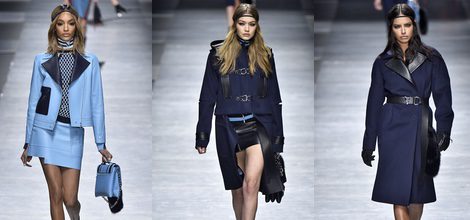 Jordan Dunn con traje azul de Versace en la FW de Milán para otoño/invierno 2016/2017