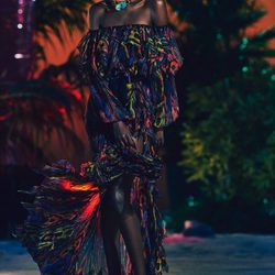 Vestido print en colores fluor y escote de barco para la nueva colección SS17 de Balmain